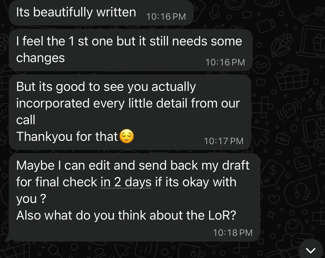 Applicant feedback on a personal statement, including their request for revisions.
