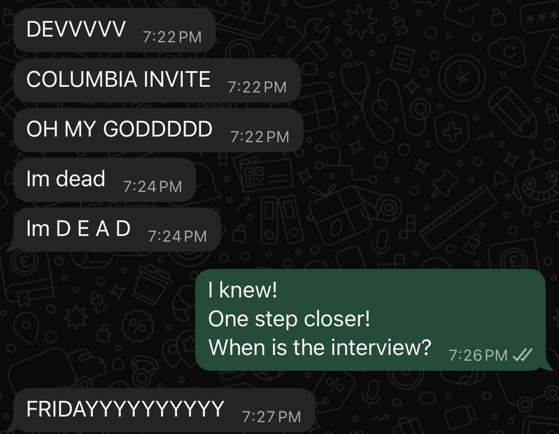 Applicant message reporting a Columbia interview invitation.