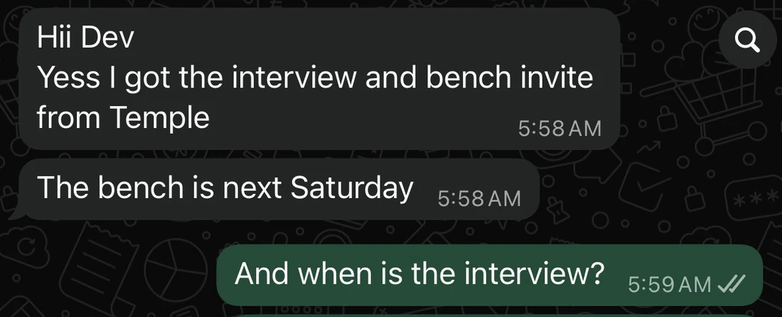Applicant message reporting a Temple interview and bench invitation.